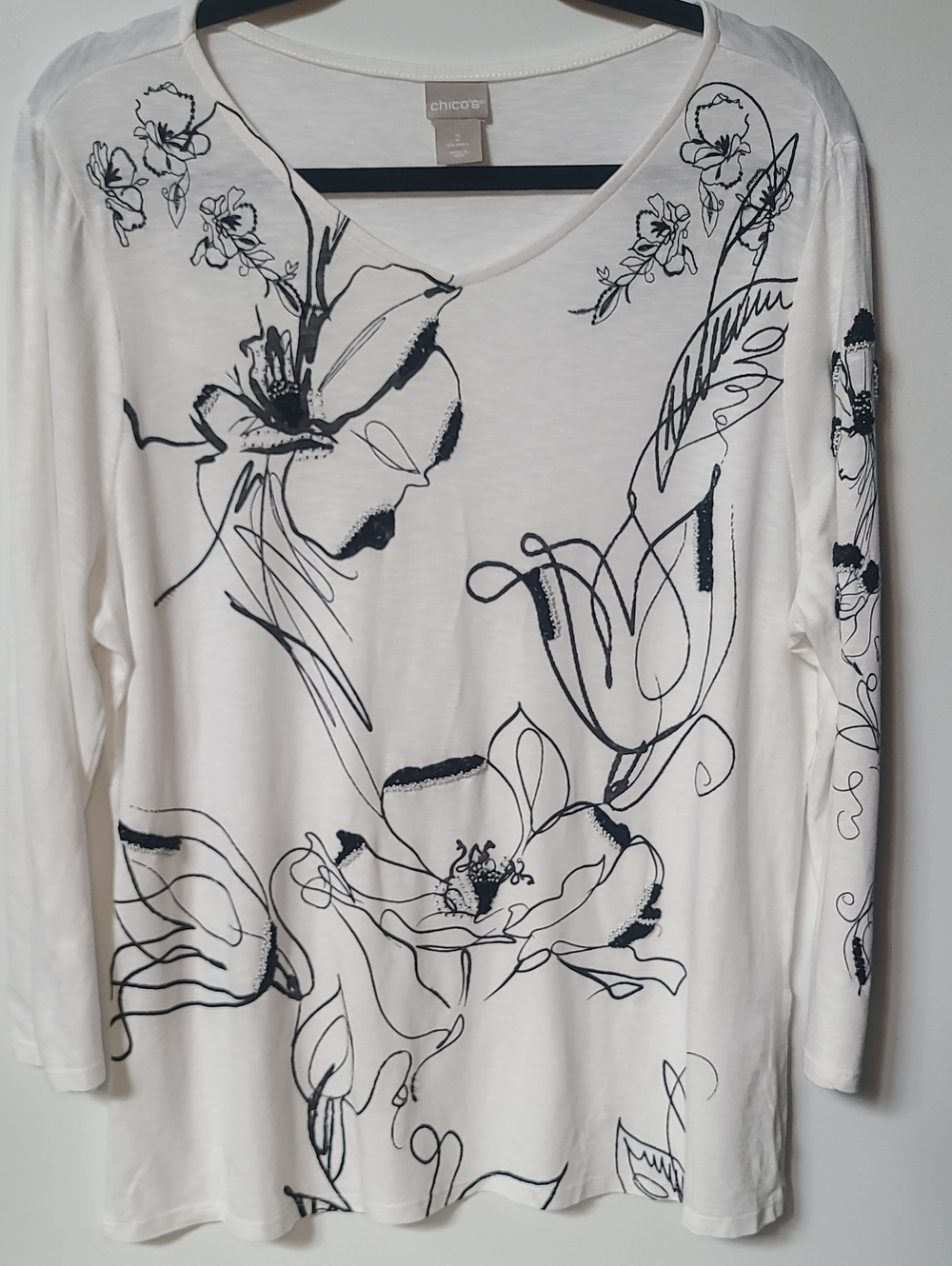 Chico's White Long-Sleeve Tee with Black Floral Sketch